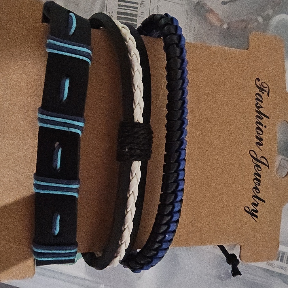 3Pc Blue, White and Black Braided Bracelets Set Unisex